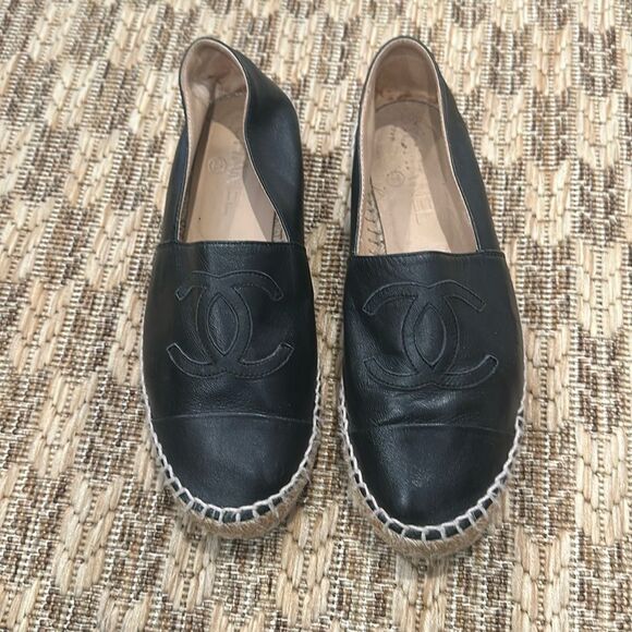 Chanel CC Cap Toe Espadrilles - black leather - size 36 - Picture 1 of 9